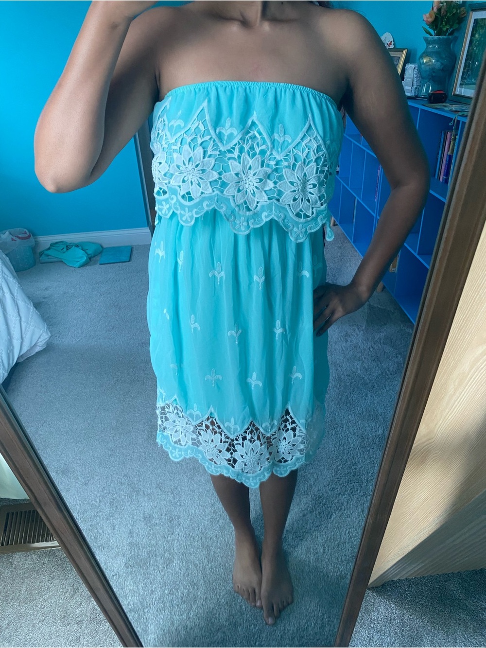 Blue Lace Spring and Summer Strapless Dress (Size Medium)